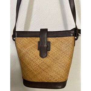 Elliott Lucca Design Woven Rattan & Leather Crossbody Bag Vtg 90s Boho Zip Top